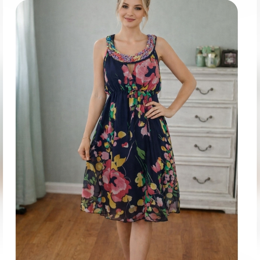 Romeo & Juliet Couture Floral Dress Braid Neckline Keyhole Sleeveless Boho L